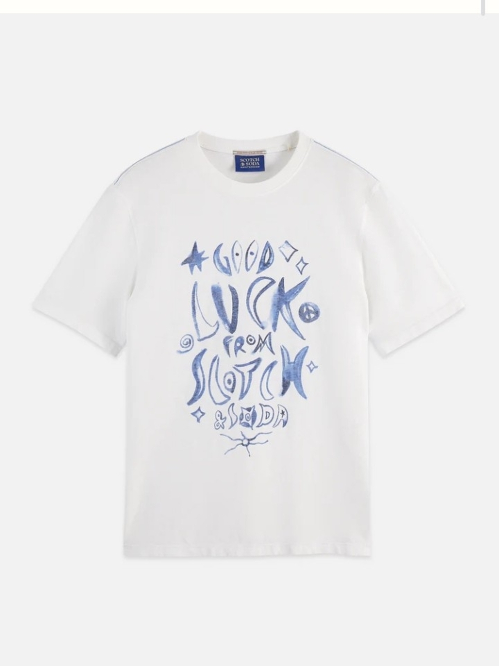 Men's Scotch & Soda White Tee with Blue Handwritten Graphic
